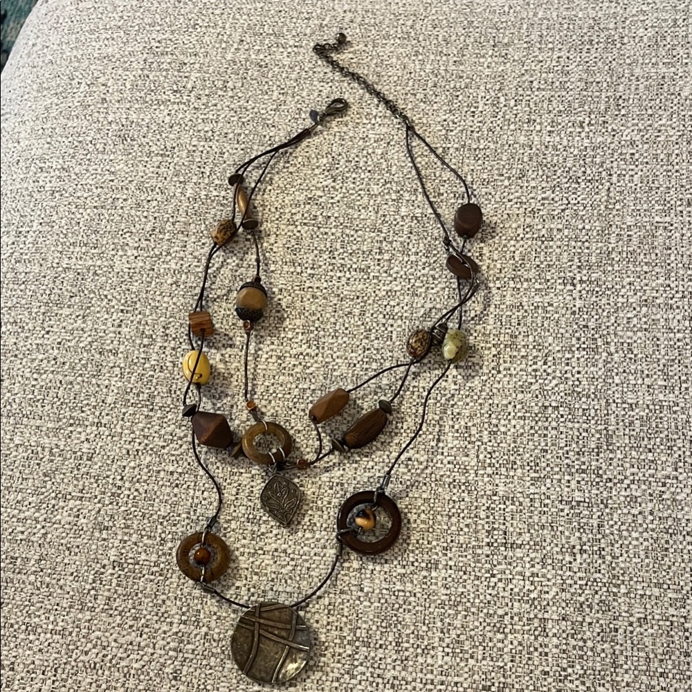 Chico’s Wood and Glass Beaded Triple Strand Necklace‎